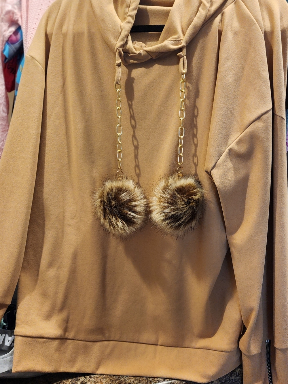 Tan Women's Hoodie with Faux Fur Pom-Pom Accents
